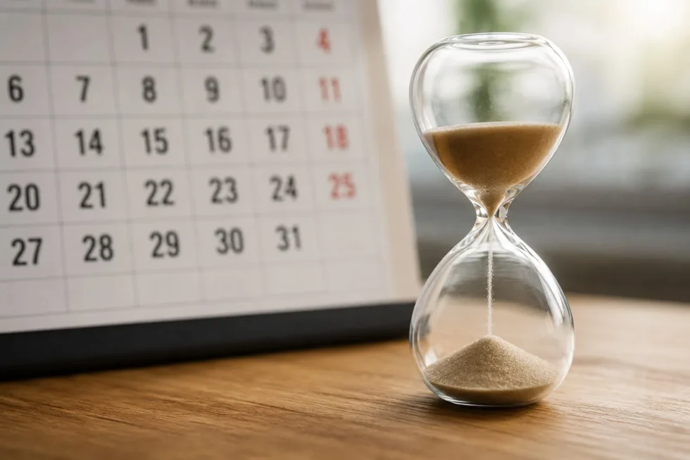 Clessidra su un tavolo in primo piano con un calendario sfocato sullo sfondo, simbolo del trascorrere del tempo e del valore di un anno.
