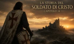 Cavaliere medievale con mantello bianco contrassegnato da una croce rossa osserva un castello all'orizzonte al tramonto, simbolo del cammino del Soldato di Cristo.