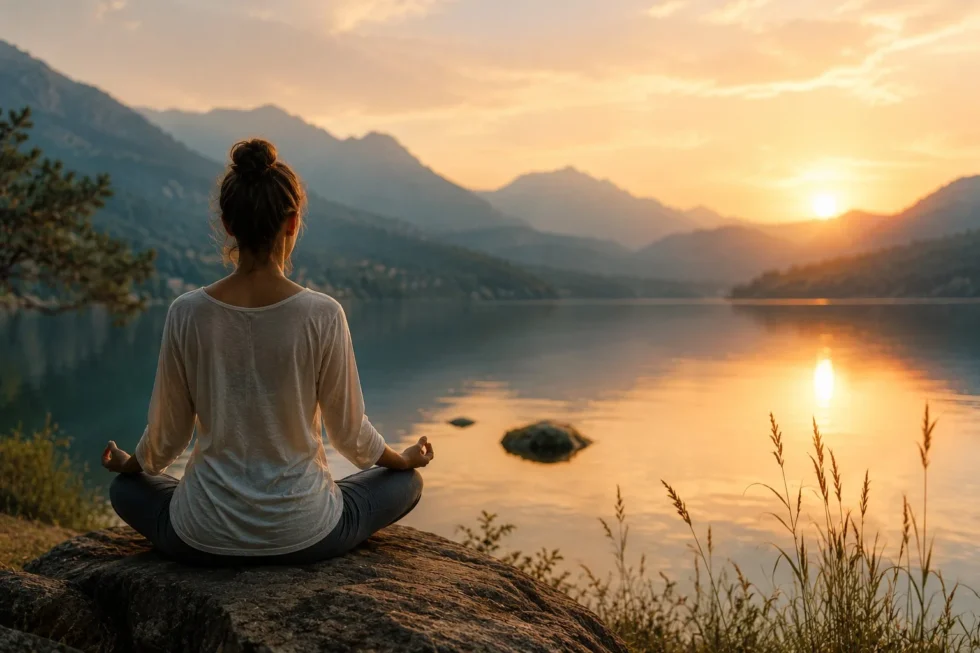 Persona seduta in meditazione sulle rive di un lago al tramonto, immersa in un paesaggio montano silenzioso che richiama pace interiore e atarassia.