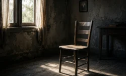 Una sedia di legno vuota al centro di una stanza consumata dal tempo, illuminata dalla luce naturale che entra da una finestra laterale.