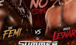 Grafica promozionale di un match WWE tra Oba Femi e Brock Lesnar in vista di SummerSlam.