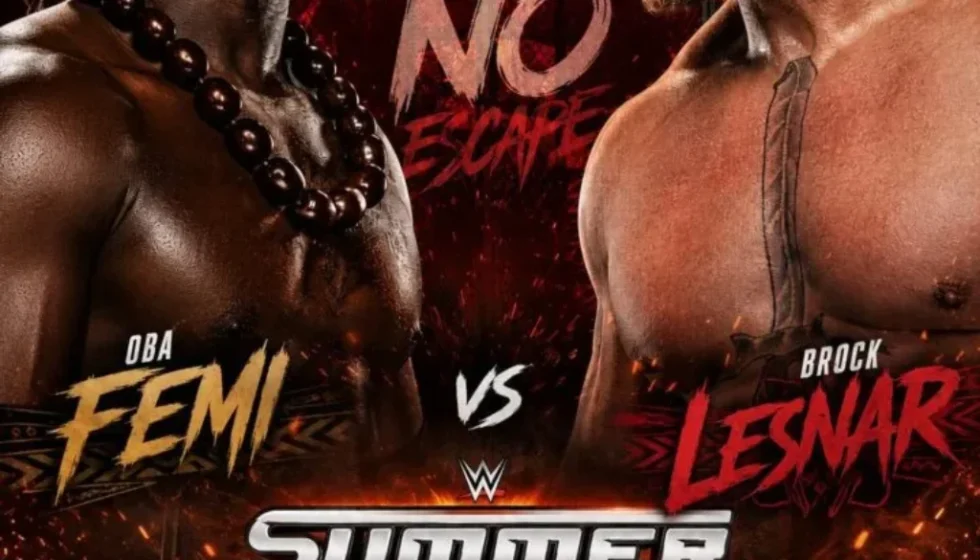 Grafica promozionale di un match WWE tra Oba Femi e Brock Lesnar in vista di SummerSlam.