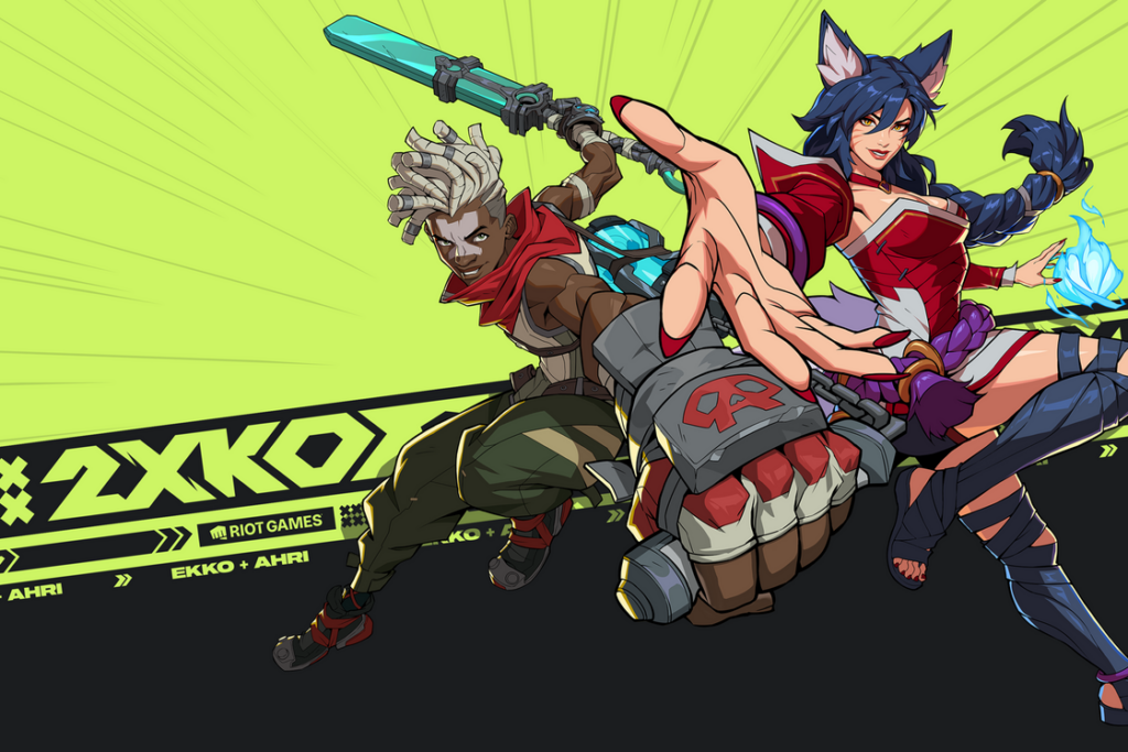 Wallpaper ufficiale di 2XKO con i personaggi Ekko e Ahri