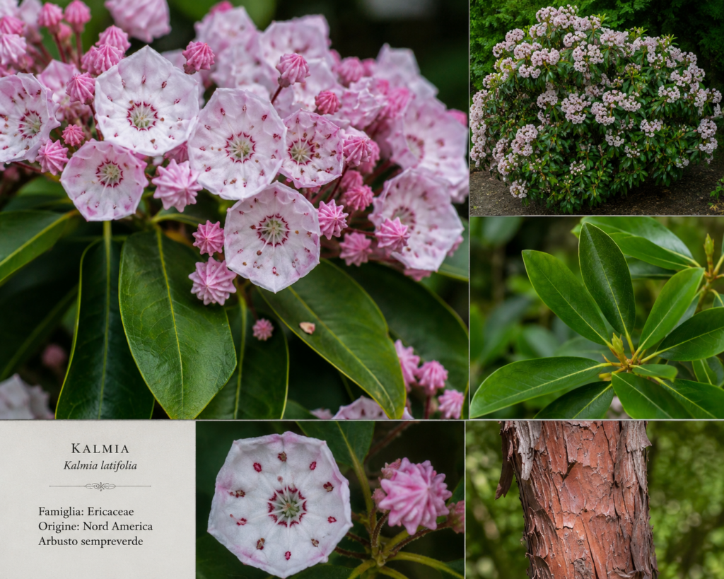 Kalmia con fiori rosa chiaro, boccioli e foglie verdi, mostrata in diversi dettagli botanici.