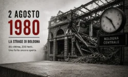 Illustrazione commemorativa della Strage di Bologna del 2 agosto 1980 con la stazione danneggiata, l'orologio fermo simbolicamente e la scritta dedicata alle 85 vittime e ai 200 feriti.