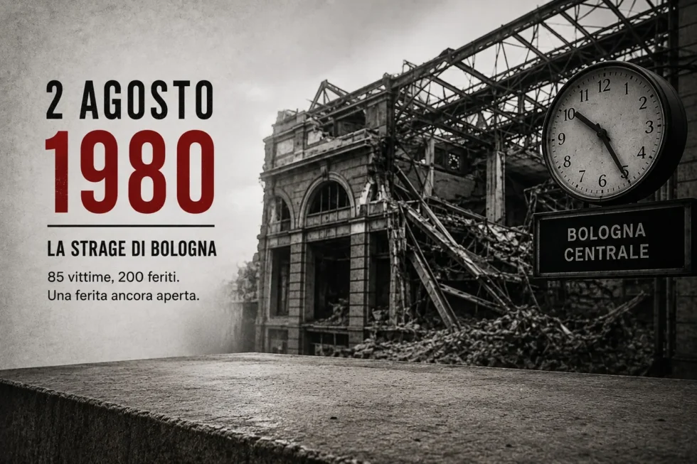 Illustrazione commemorativa della Strage di Bologna del 2 agosto 1980 con la stazione danneggiata, l'orologio fermo simbolicamente e la scritta dedicata alle 85 vittime e ai 200 feriti.