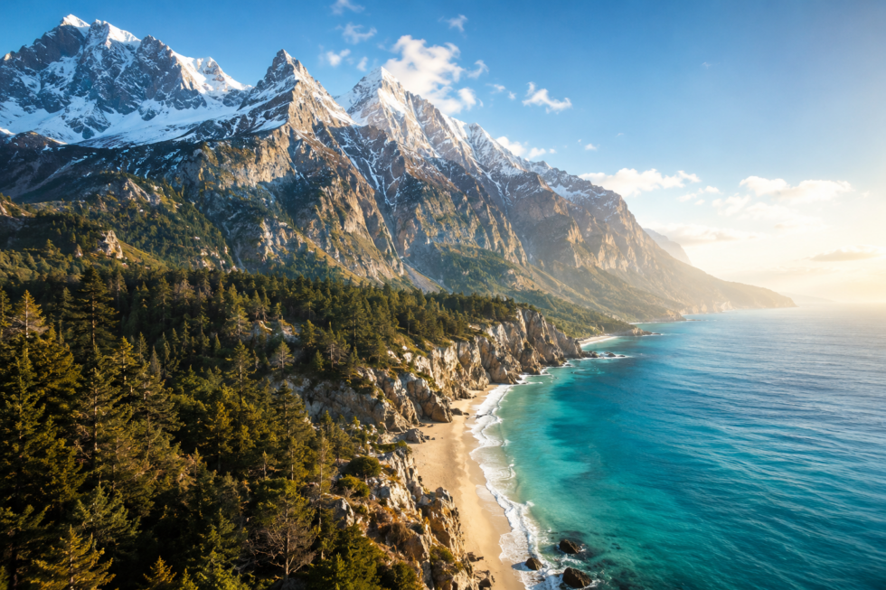 Imponente catena montuosa con cime innevate e boschi rigogliosi affacciata direttamente su una costa rocciosa con spiaggia dorata e mare turchese.