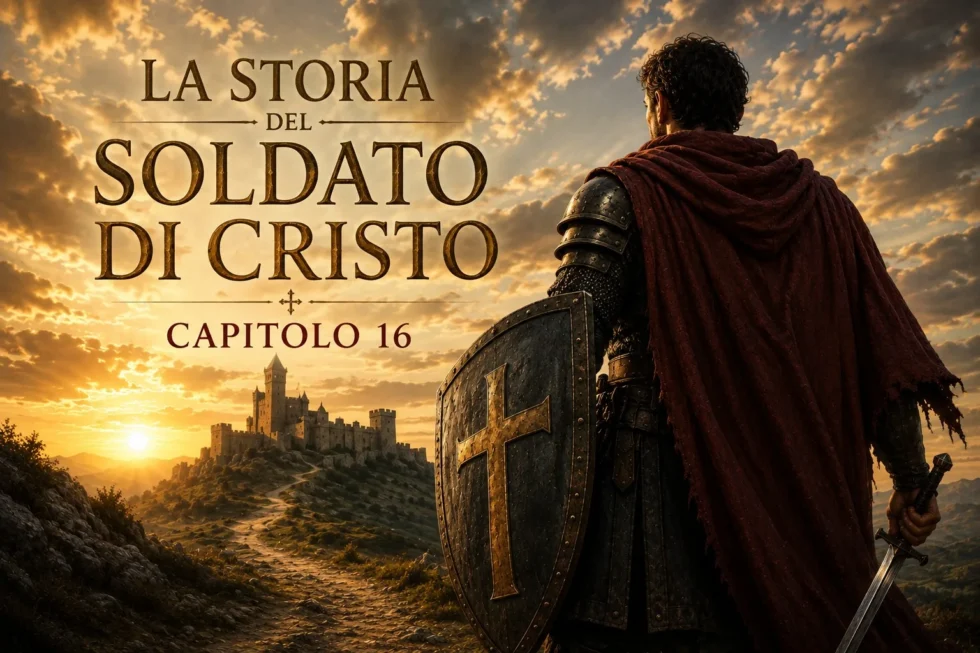 Illustrazione di un cavaliere cristiano in armatura che osserva un castello all'orizzonte al tramonto, con il titolo "La storia del Soldato di Cristo – Capitolo 16", simbolo del cammino di fede e della battaglia spirituale.