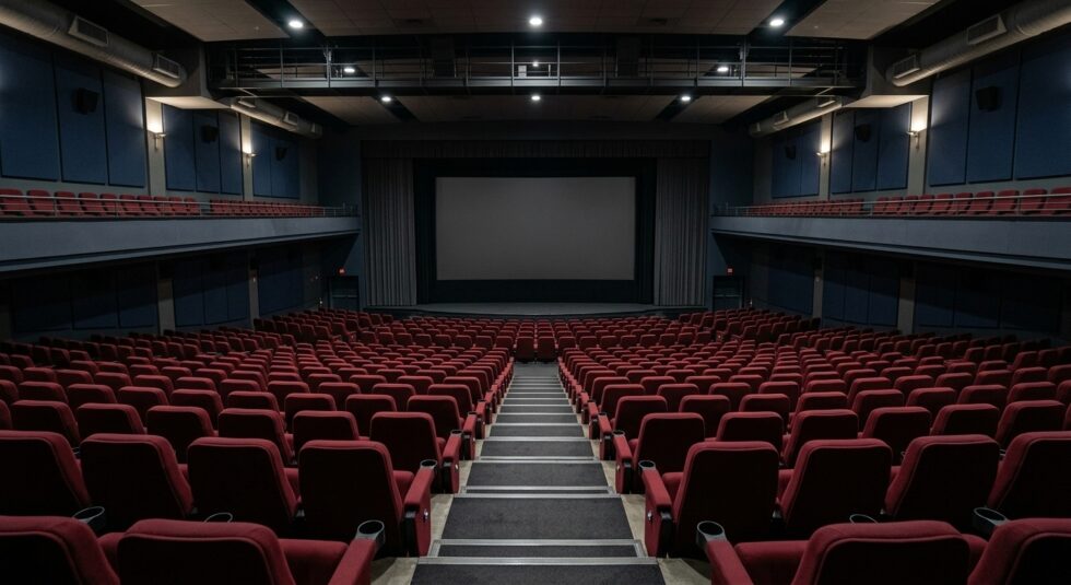 Interno di una sala cinematografica vuota con file di poltrone rosse rivolte verso uno schermo spento e una balconata superiore.