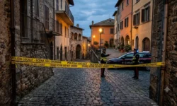 Due agenti di polizia davanti a un nastro di delimitazione su una strada di un borgo italiano