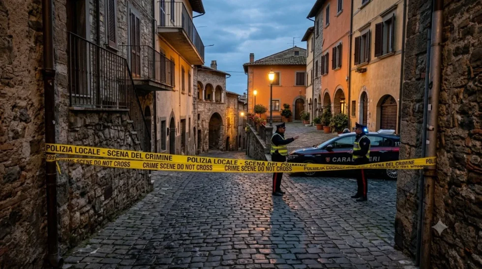 Due agenti di polizia davanti a un nastro di delimitazione su una strada di un borgo italiano