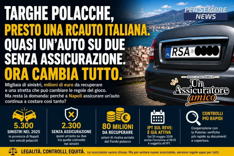 Auto con targa polacca oscurata davanti a un paesaggio urbano italiano