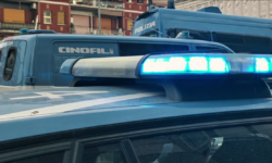 Primo piano del lampeggiante blu di un’auto della Polizia di Stato, con furgoni della polizia sullo sfondo.