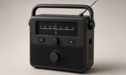 Radio portatile nera dal design moderno con maniglia integrata, antenna telescopica estesa, scala delle frequenze e manopole di controllo su sfondo neutro.