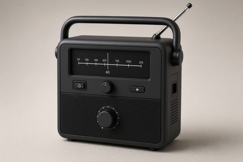 Radio portatile nera dal design moderno con maniglia integrata, antenna telescopica estesa, scala delle frequenze e manopole di controllo su sfondo neutro.