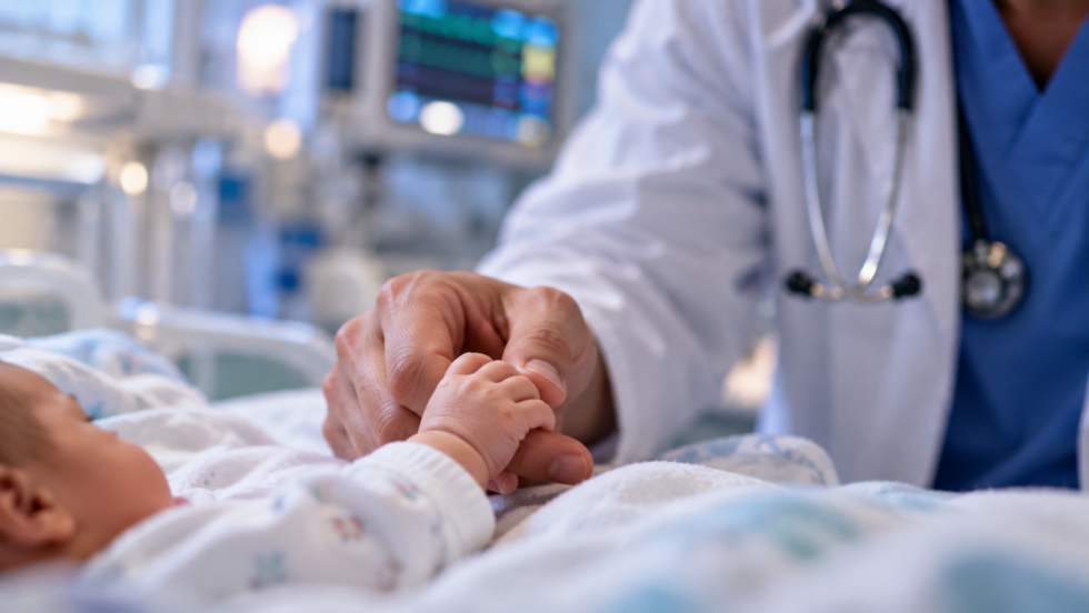 Neonata in ospedale stringe il dito di un medico durante l’assistenza sanitaria.