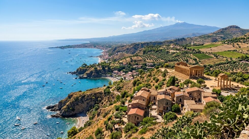 Vista aerea di un paesaggio costiero con mare blu, templi dorici in stile greco antico su una collina, borgo con case in pietra e una montagna sullo sfondo.