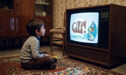 Bambino seduto a terra su un tappeto in un soggiorno vintage mentre guarda un vecchio televisore a tubo catodico con schermo acceso.