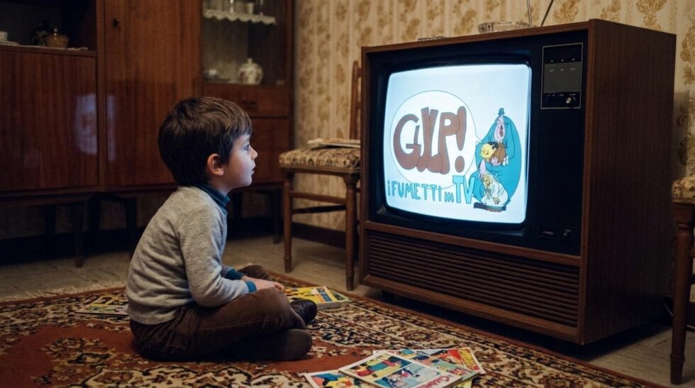 Bambino seduto a terra su un tappeto in un soggiorno vintage mentre guarda un vecchio televisore a tubo catodico con schermo acceso.