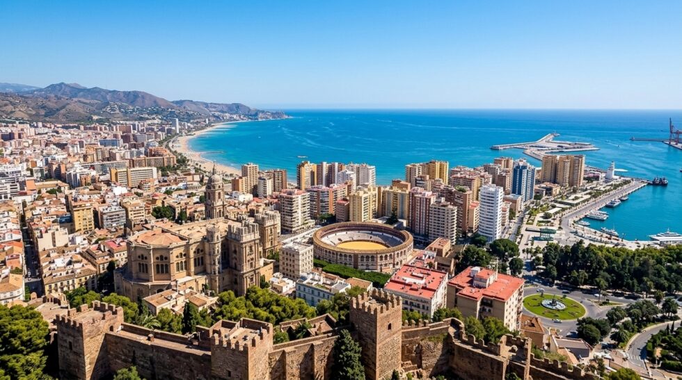 Vista panoramica dall'alto di una città costiera con mura fortificate in primo piano, una cattedrale, un'arena circolare, edifici urbani e il mare sullo sfondo.