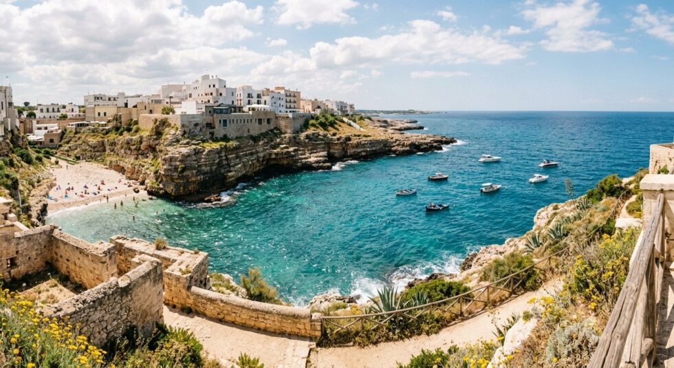 Baia marina rocciosa con spiaggia sabbiosa, edifici bianchi arrocati su una scogliera e barche a remi sul mare turchese
