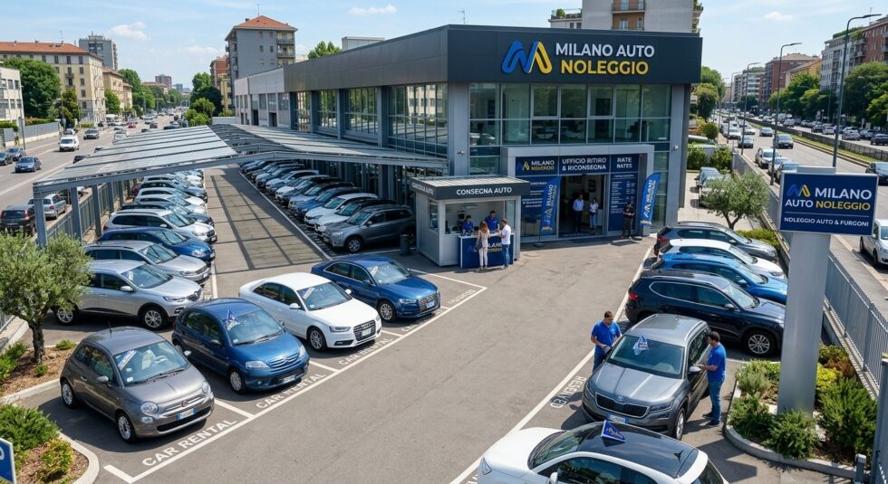 Piazzale esterno di un'agenzia di autonoleggio con diverse automobili parcheggiate sotto tettoie e spazi aperti di fronte a un edificio commerciale moderno